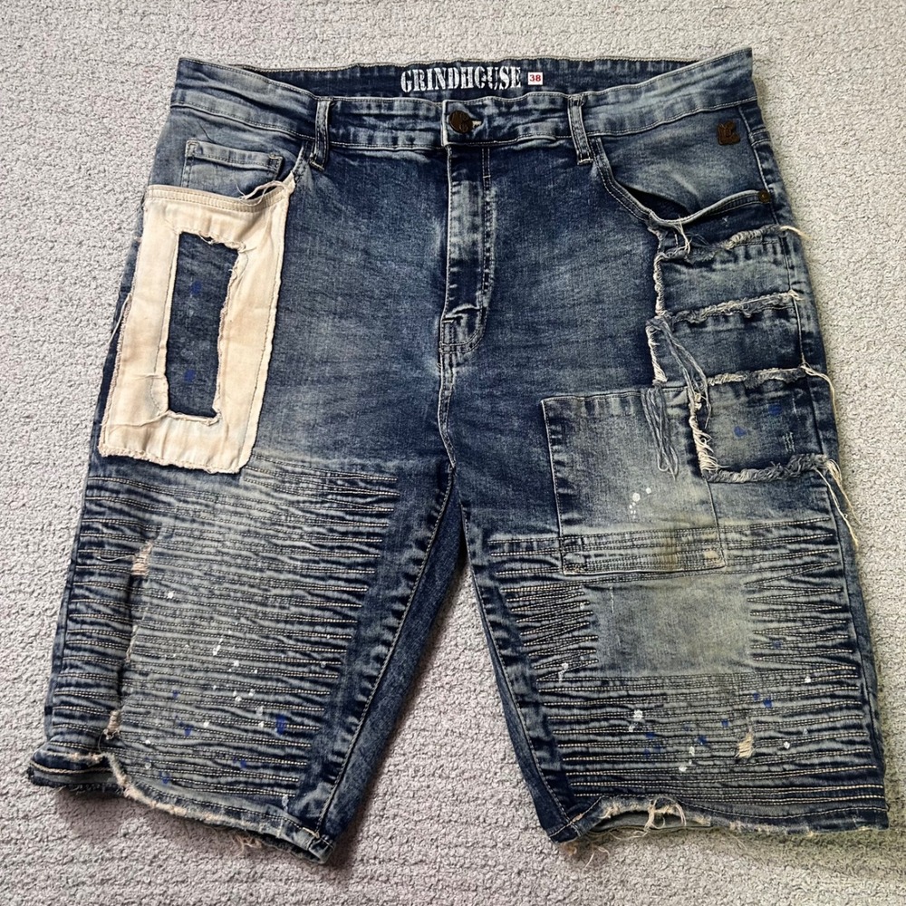 Grindhouse Denim Short Biker Distressed 38 Blue Moto Patchwork Streetwear Grunge